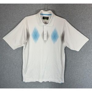 AUR Aware Polo Shirt Mens Medium White Blue Argyle Golf Performance Short Sleeve